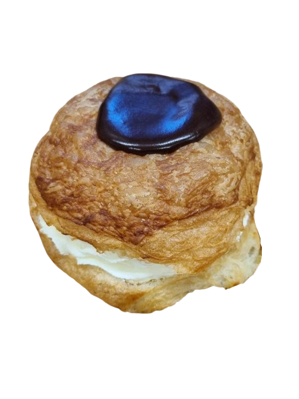 (Fløde) Fastelavnsbolle med flødeskum, vaniljecreme, hindbær marmelade og brun glasur